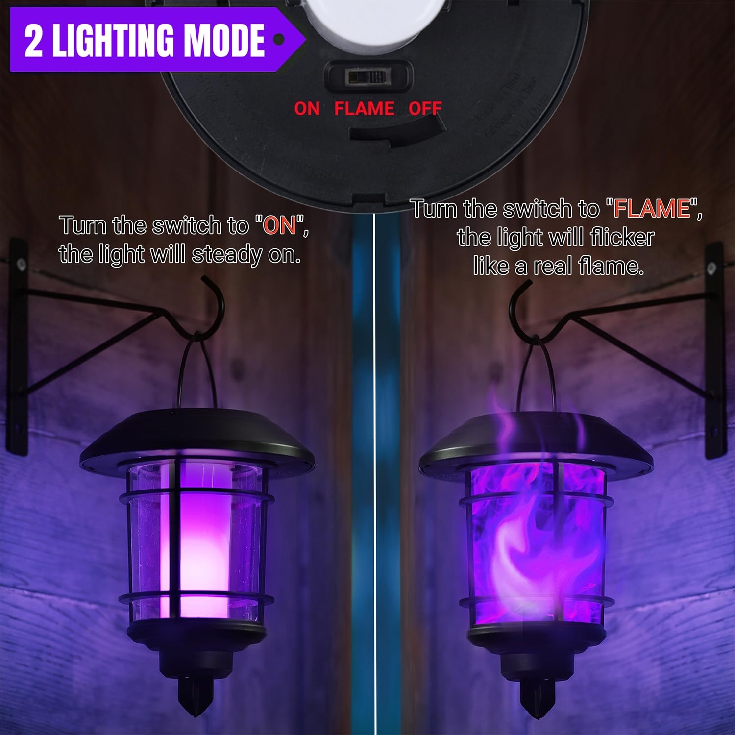 Dynaming Solar Purple Flame Wall Lanterns - 4 Pack Outdoor Halloween LED Hanging Lights with Auto On/Off, Waterproof Flickering Flame Sconce for Garage, Stair, Patio, Porch - Perfect for Spooky Decor & Pathway Lighting