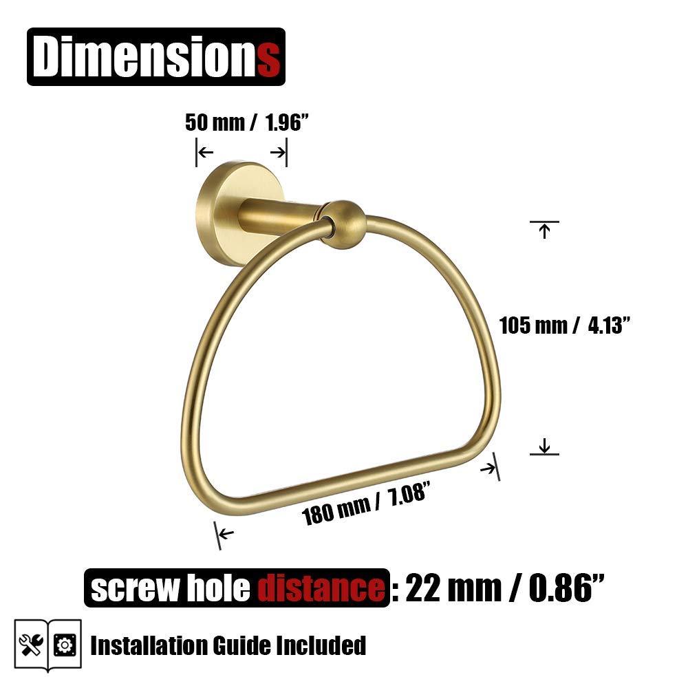 JQK Gold Stainless Steel Towel Ring - 7 Inch Brushed Golden Wall Mount Bathroom Towel Holder (TR160-BG) - Perfect for Modern Bathrooms & Powder Rooms