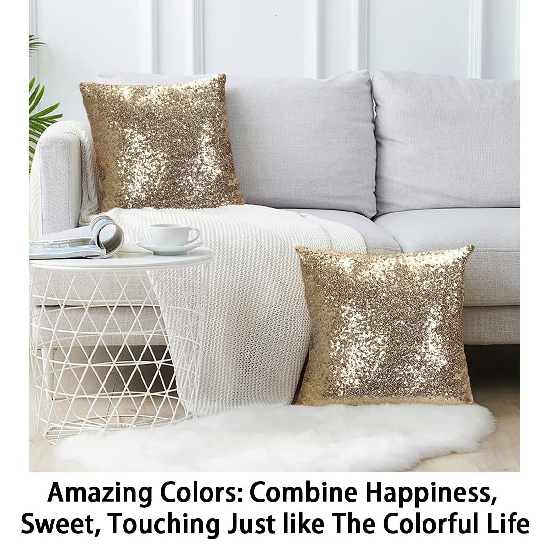 ShinyBeauty Sequin Pillow Case 20x20 Inches 2 Pack - Light Gold Glitter Decorative Throw Pillow Covers for Couch, Bed, Sofa - Sparkling Holiday Home Decor & Party Accents