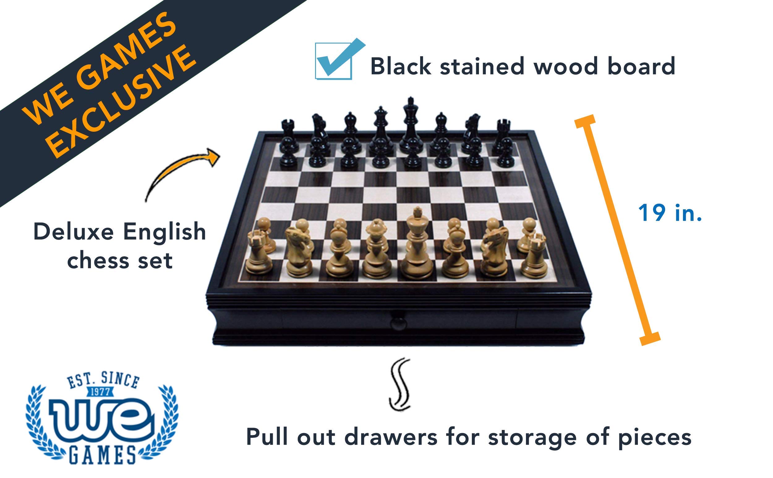 Premium English Chess Set with Pullout Storage Drawers - 19 Inch Wooden Chess Board for Adults & Kids - Perfect for Home, Office, and Travel Game Nights