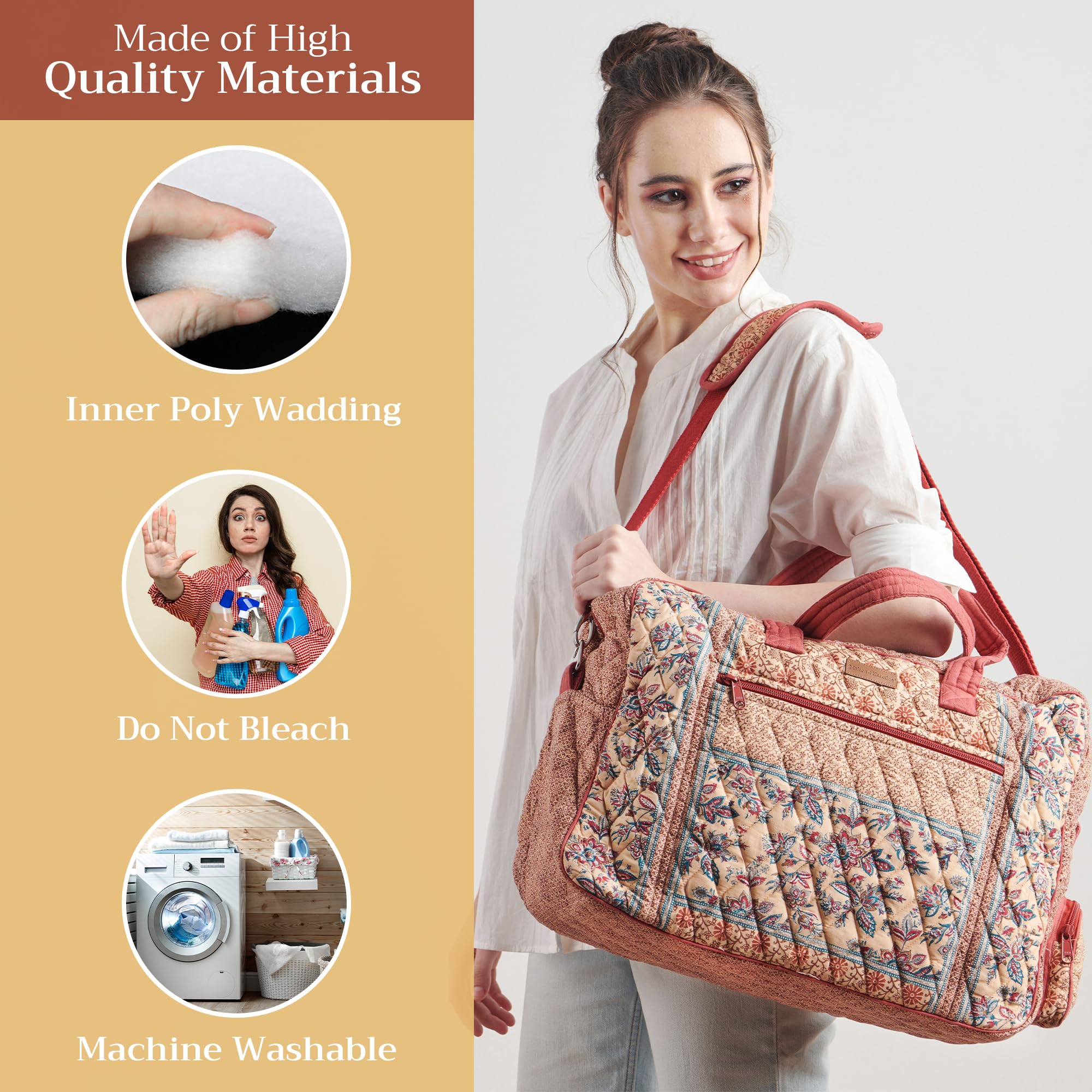 Hermine Weekend Bag - Cotton Quilted Duffel Overnight Luggage for Travel, Gym & Business | Perfect Gift for Men & Women | Ideal for Family Trips, Business Travel & Weekend Getaways