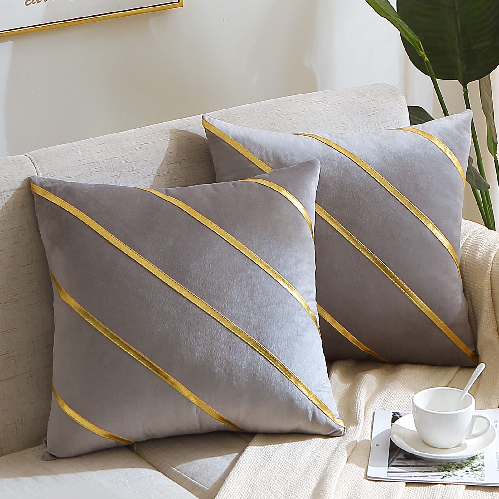WACOMECO Velvet Decorative Throw Pillow Covers 18x18 Inch - Soft Gold Cushion Cases for Sofa, Bedroom, Living Room & Car - Grey Luxury Home Decor for Cozy Comfort & Stylish Interior Design
