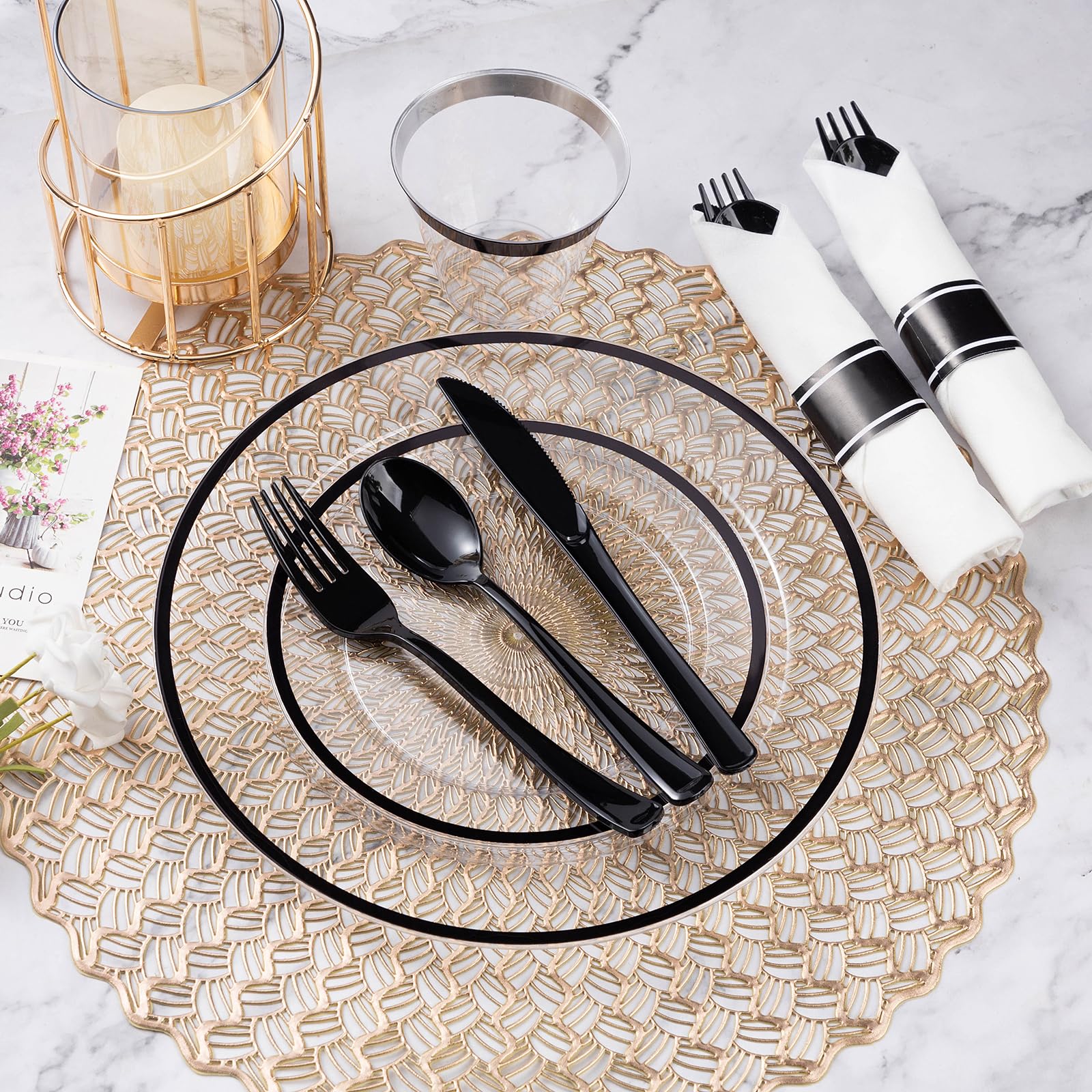 Goodluck 350-Piece Black Plastic Dinnerware Set for Party - Disposable Plates, Cups & Cutlery for 50 Guests (50 Dinner Plates, 50 Dessert Plates, 50 Pre-Rolled Napkins, 50 Cups) - Perfect for Birthday Parties, BBQs, Picnics & Catering Events