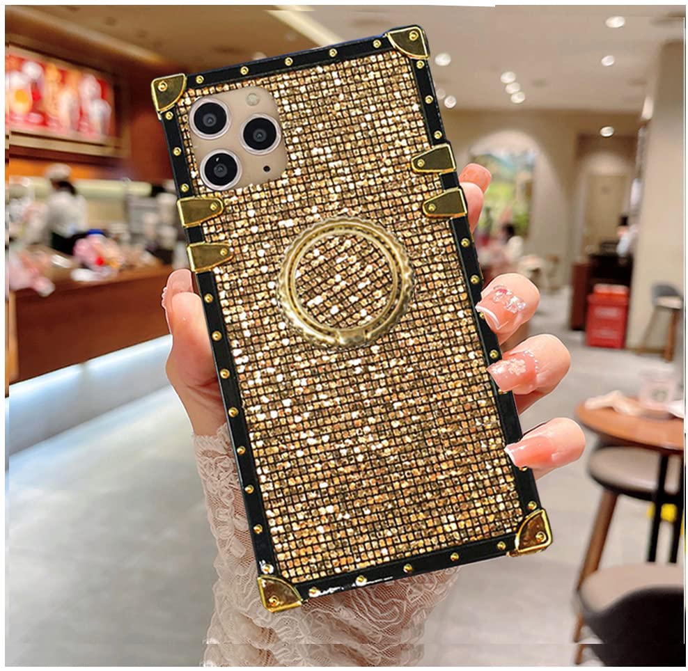 Sparkly Glitter Bling Case for Moto G Play 2021 (Not Compatible with 2020 Model) - Fashion Gold Corner Soft TPU Protective Cover with Ring Holder & Kickstand | Perfect for Daily Use, Work, and Social Events