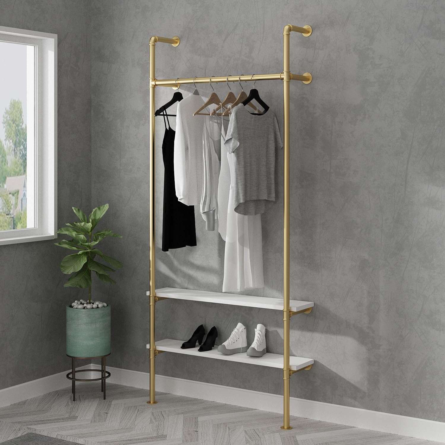 Industrial Pipe Clothing Rack - Heavy Duty Wall Mounted Garment Hanger for Wardrobe, Bedroom & Walk-in Closet - Gold Finish Steel Pipe Clothes Organizer - Perfect for Hanging Coats, Dresses & Seasonal Storage