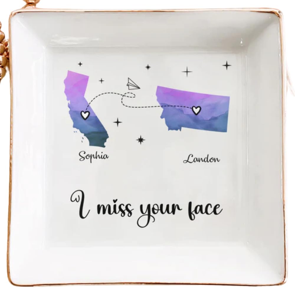 Custom 'I Miss Your Face' Personalized Jewelry Dish with Multiple States Design - Engraved Ring Tray for Women, Bridal Shower Gift, Birthday Present for Friend, Mom, Sister - Perfect for Home Decor, Jewelry Organization & Sentimental Keepsakes