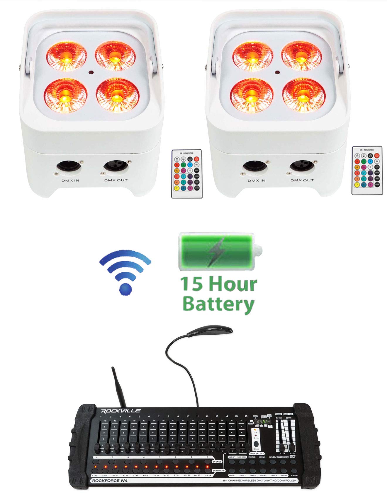 Rockville PAR 50 Battery-Powered LED Wash Lights with Wireless DMX & 384-Channel Controller - Perfect for Stage Lighting, DJ Shows, and Live Events