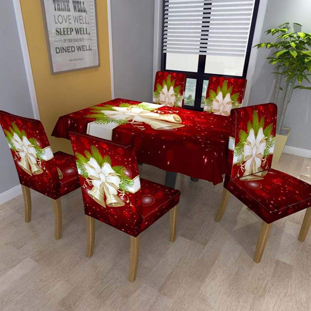 LANGWEI Christmas Tablecloth Set with 6 Stretch Chair Slipcovers - Gold Bell Snowflake Waterproof Dining Table Cover (150x260cm) for Holiday Party Decorations - Perfect for Christmas Dinner, Family Gatherings & Festive Home Decor
