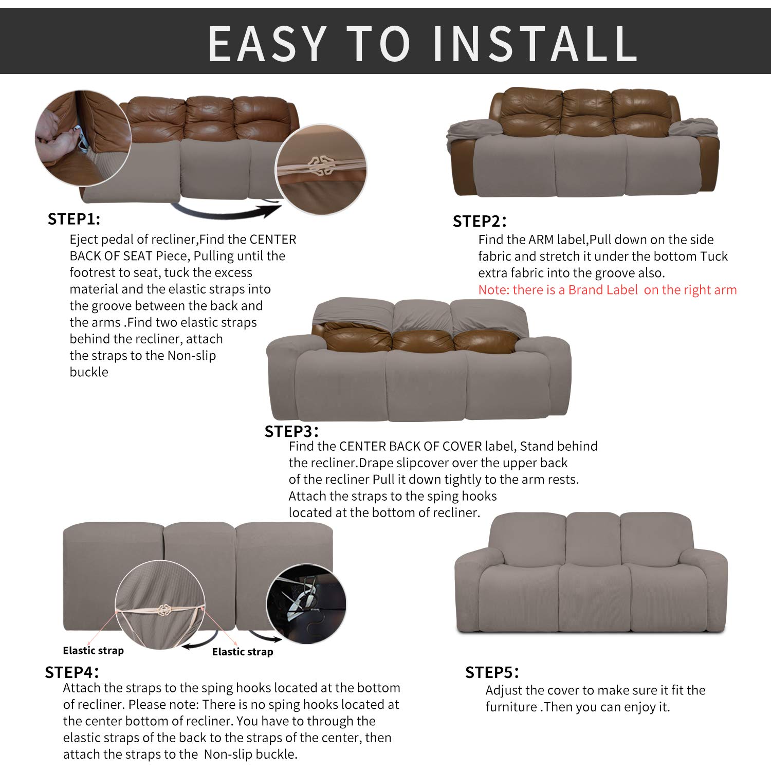8-Piece Stretch Recliner Sofa Slipcover Set - Spandex Jacquard Fabric with Elastic Bottom - Taupe Checkered Design - Furniture Protector for Couches, Chairs & Recliners - Perfect for Homes with Kids & Pets (Living Room, Family Room, Home Theater)