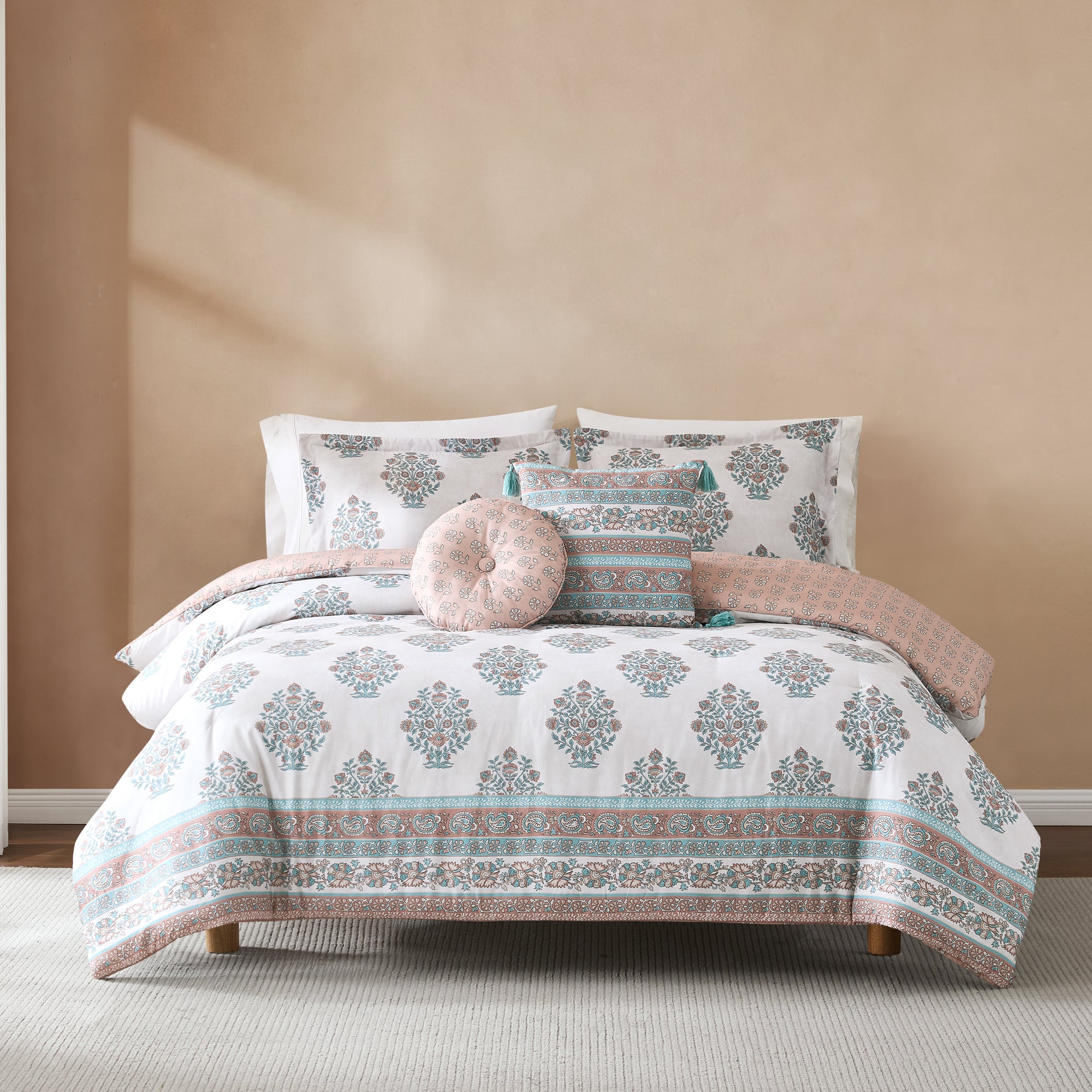 Sofia Floral Print Block Bouquet Comforter Set - 5 Piece Bedding Set for Queen Size Bed | Soft & Cozy Duvet Cover with Pillow Shams | Perfect for Master Bedroom, Guest Room & Dorm Decor