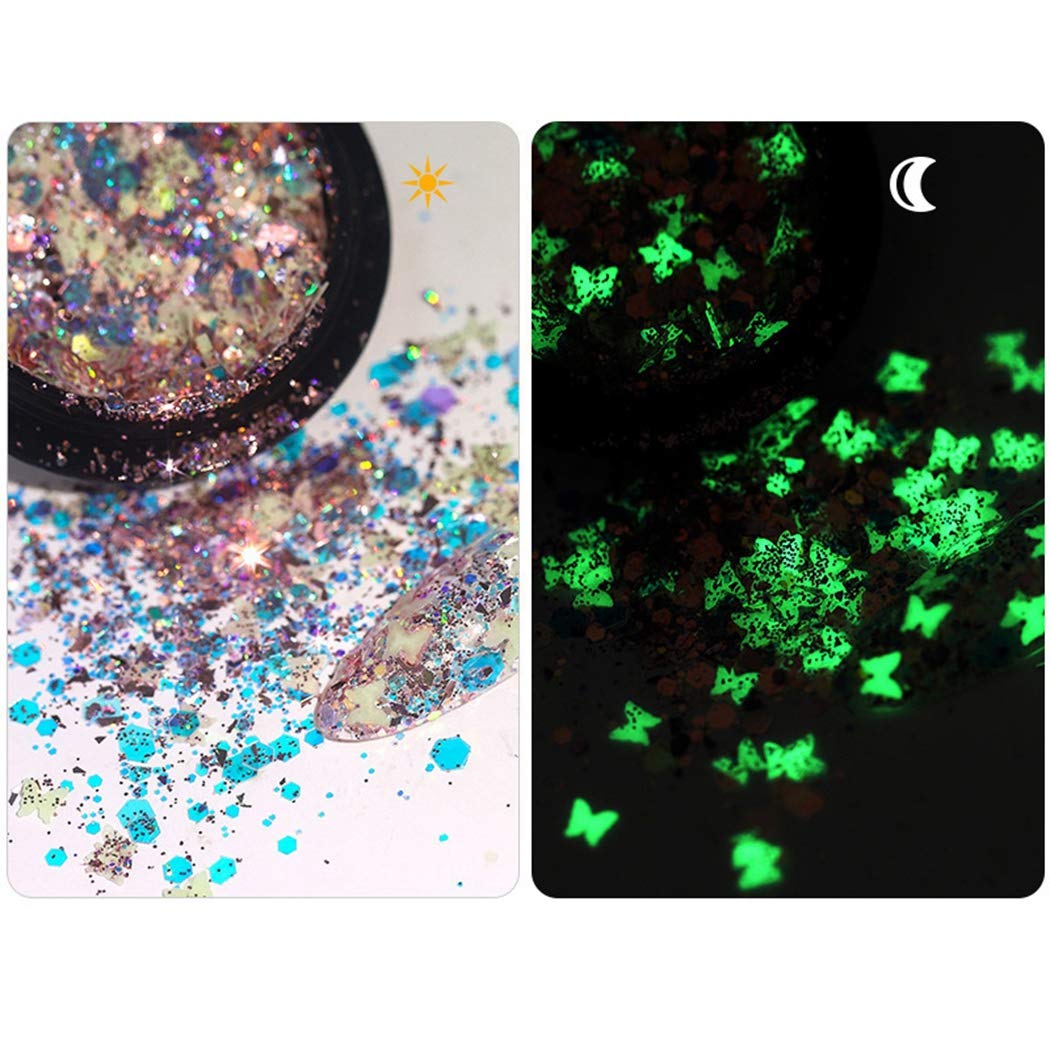 Anjetan Glitter Nail Art Sequins - Luminous Star & Butterfly Nail Decorations for DIY Manicure, Nail Art Flakes for Professional Salon & Home Use - Perfect for Parties, Weddings, and Special Occasions