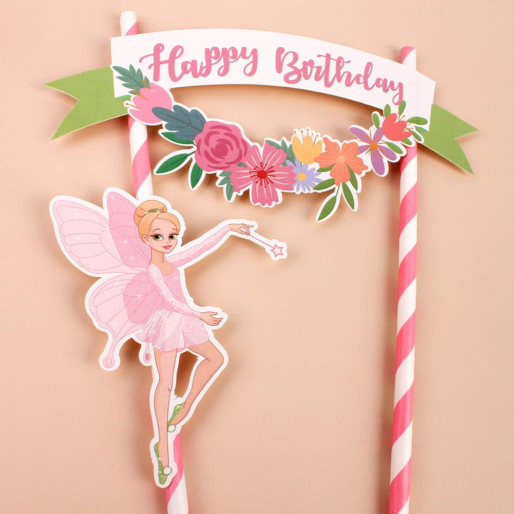 Flower Fairy Happy Birthday Cake Topper - 12pcs Party Decoration Set for Wedding, Baby Shower & Anniversary Cakes - Edible Safe Cake Picks for Friends & Family Celebrations