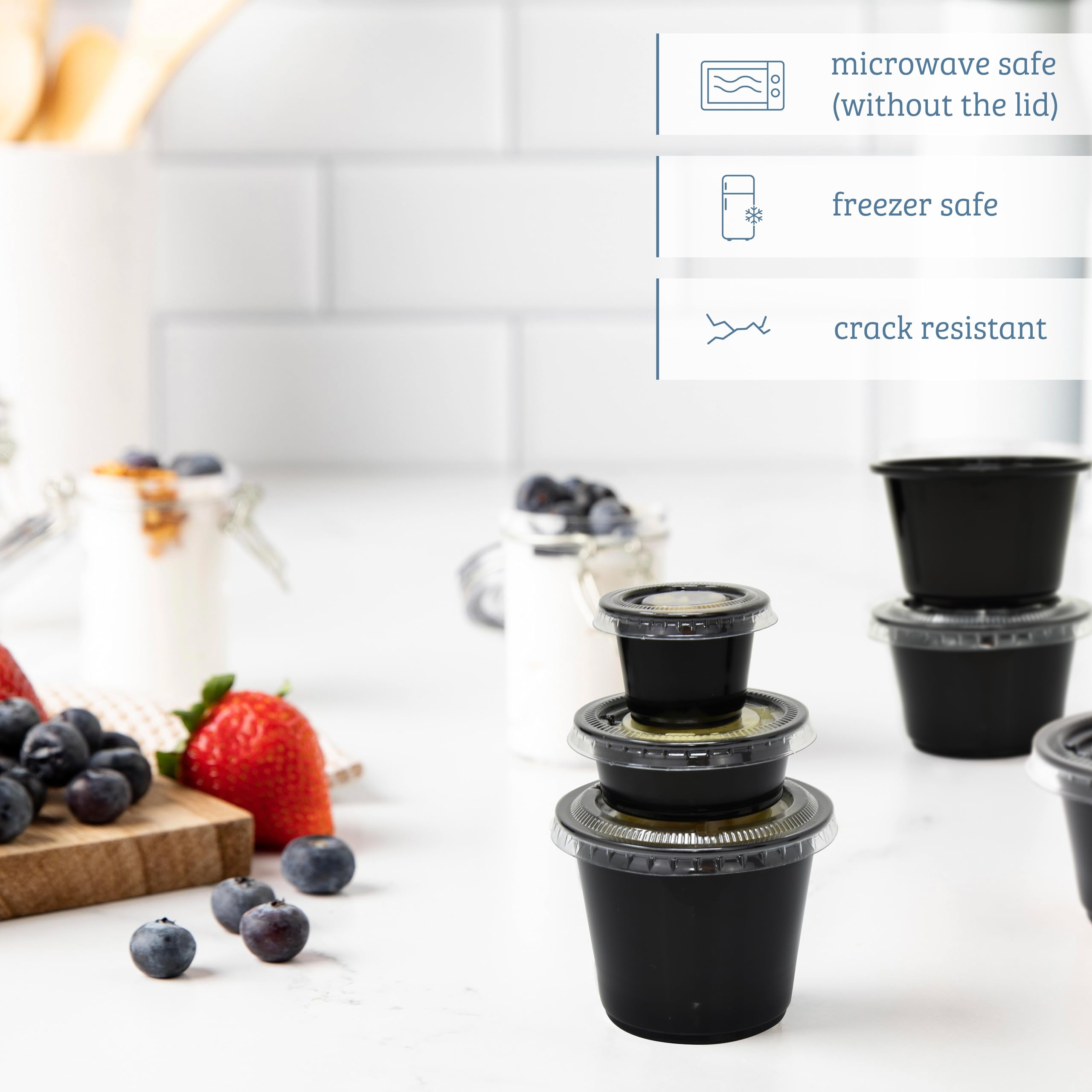 100 Sets - 3.25 oz Black Plastic Jello Shot Cups with Lids | Small Disposable Portion Containers for Sauces, Condiments, Salad Dressings | Perfect for Parties, Catering & Takeout Meals | BPA-Free Food Storage Cups