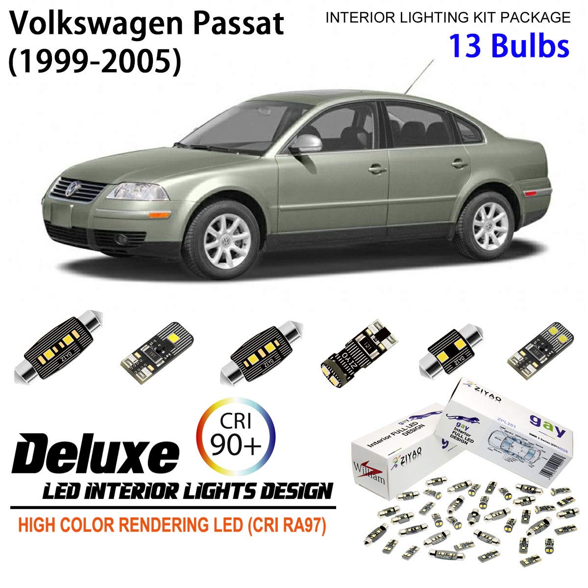 13 Bulbs 6000K Xenon White LED Interior Light Kit - Upgrade for 1999-2005 Volkswagen Passat B5 | Dome Light Replacement | Perfect for Night Driving & Car Interior Illumination
