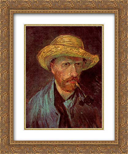 Vincent van Gogh Portrait With Straw Hat And Pipe - 20x24 Inch Gold Ornate Framed Museum Art Print, Double Matted | Wall Decor for Living Room, Bedroom & Office