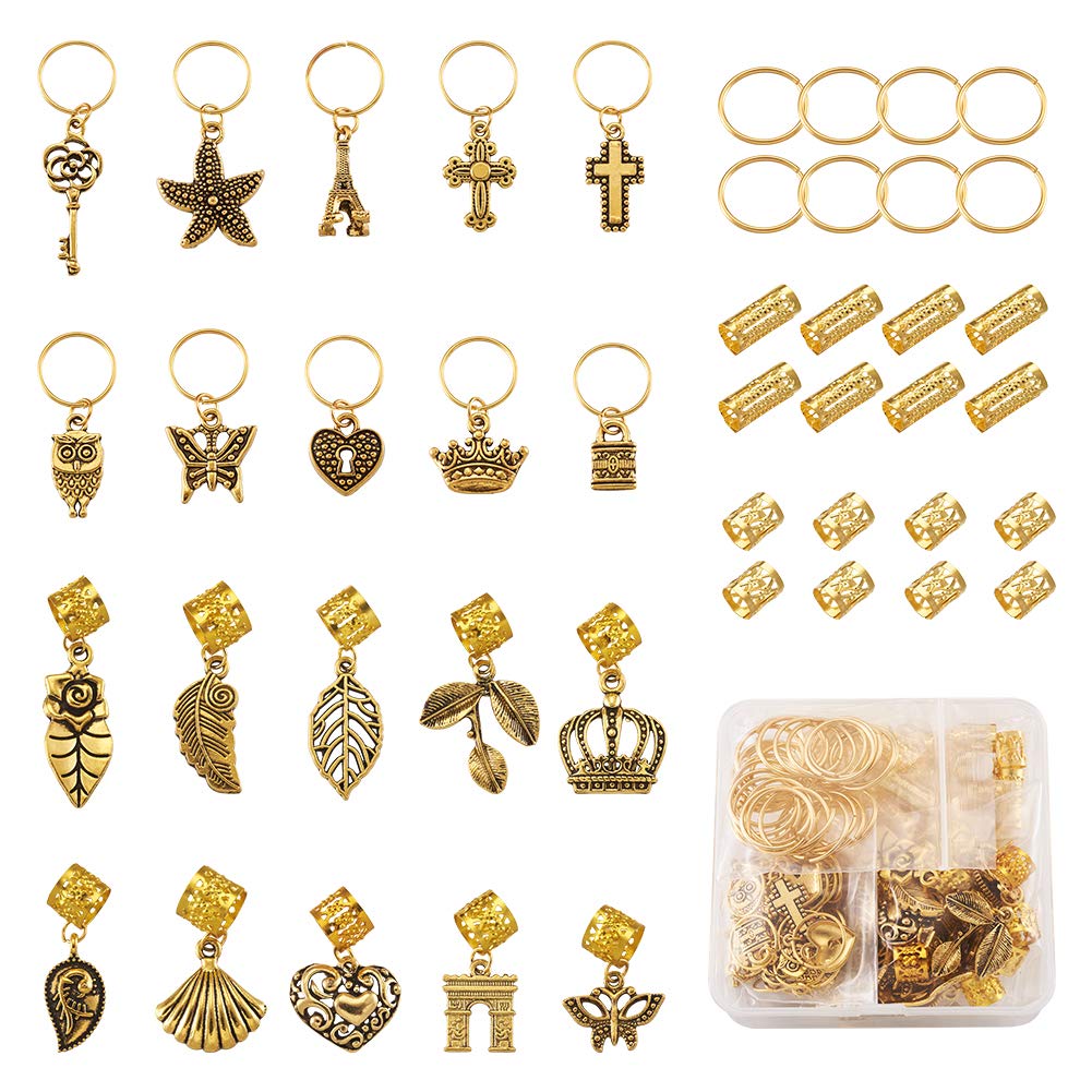 Craftdady 110Pcs Gold Metal Hair Jewelry Rings - Decorative Pendants, Coil Cuffs & Dreadlock Accessories with Leaf, Star, Butterfly, Heart, Key, Owl, Cross & Crown Charms - Perfect for Boho Hairstyles, Festivals & DIY Hair Styling