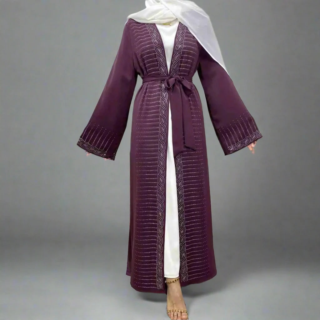 Hotfix Rhinestone Nida Muslim Women Open Abaya Dress - Elegant Islamic Prayer Dress for Women, Modest Abaya with Rhinestone Details for Mosque, Eid, Wedding & Special Occasions