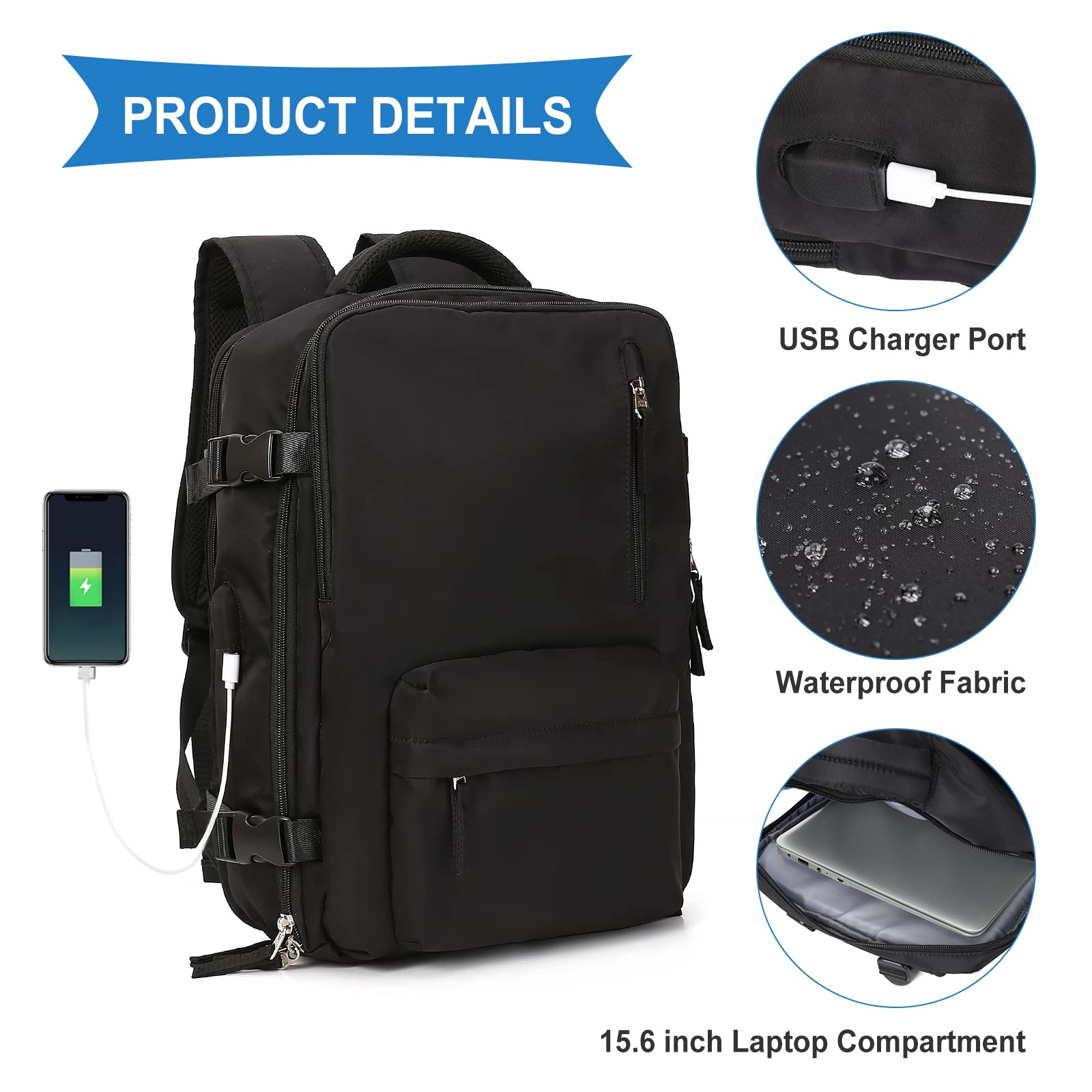 TSA Approved Underseat Carry On Backpack for Women - 14 Inch Laptop Travel Backpack, Cabin Bag Airplane Personal Item, Business Casual Work & Weekend Getaway - Compact Black Hand Luggage for Flights
