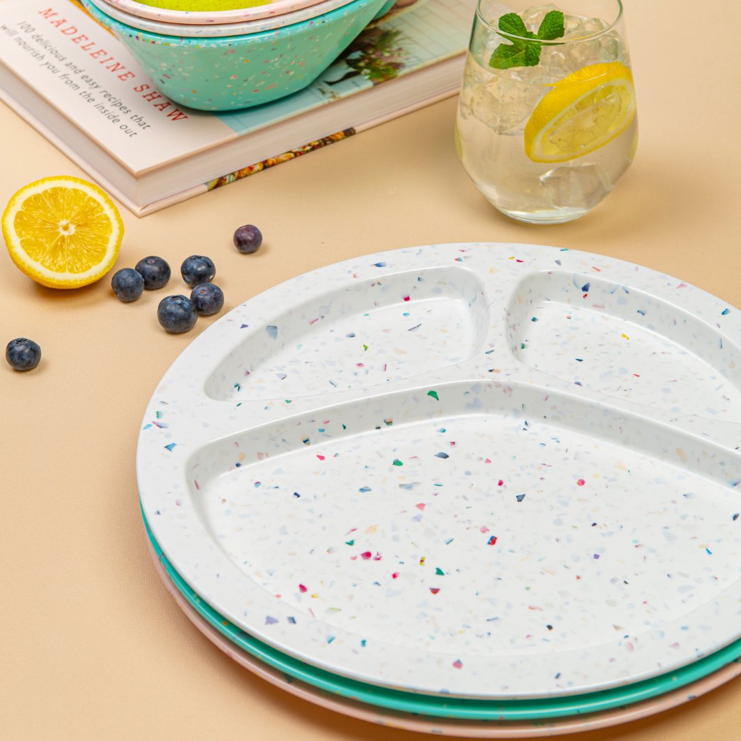 2PC Confetti Divided BBQ Plate - White | Durable Melamine Serving Plates for Outdoor Picnics, BBQs, and Parties