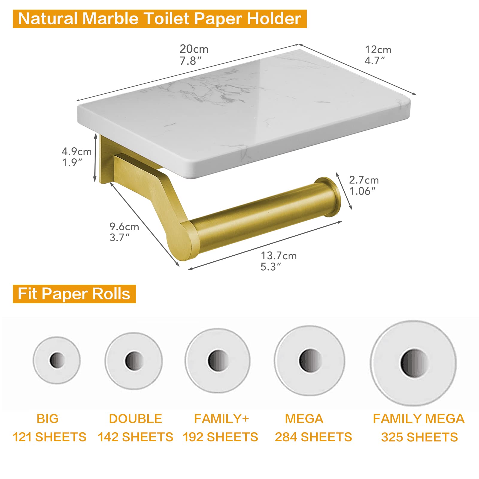 Brushed Gold Stainless Steel Toilet Paper Holder with White Natural Marble Shelf - Wall Mounted Bathroom Tissue Roll Holder for Kitchen, Washroom & Bedroom - Elegant Storage Solution for Home and Office Spaces