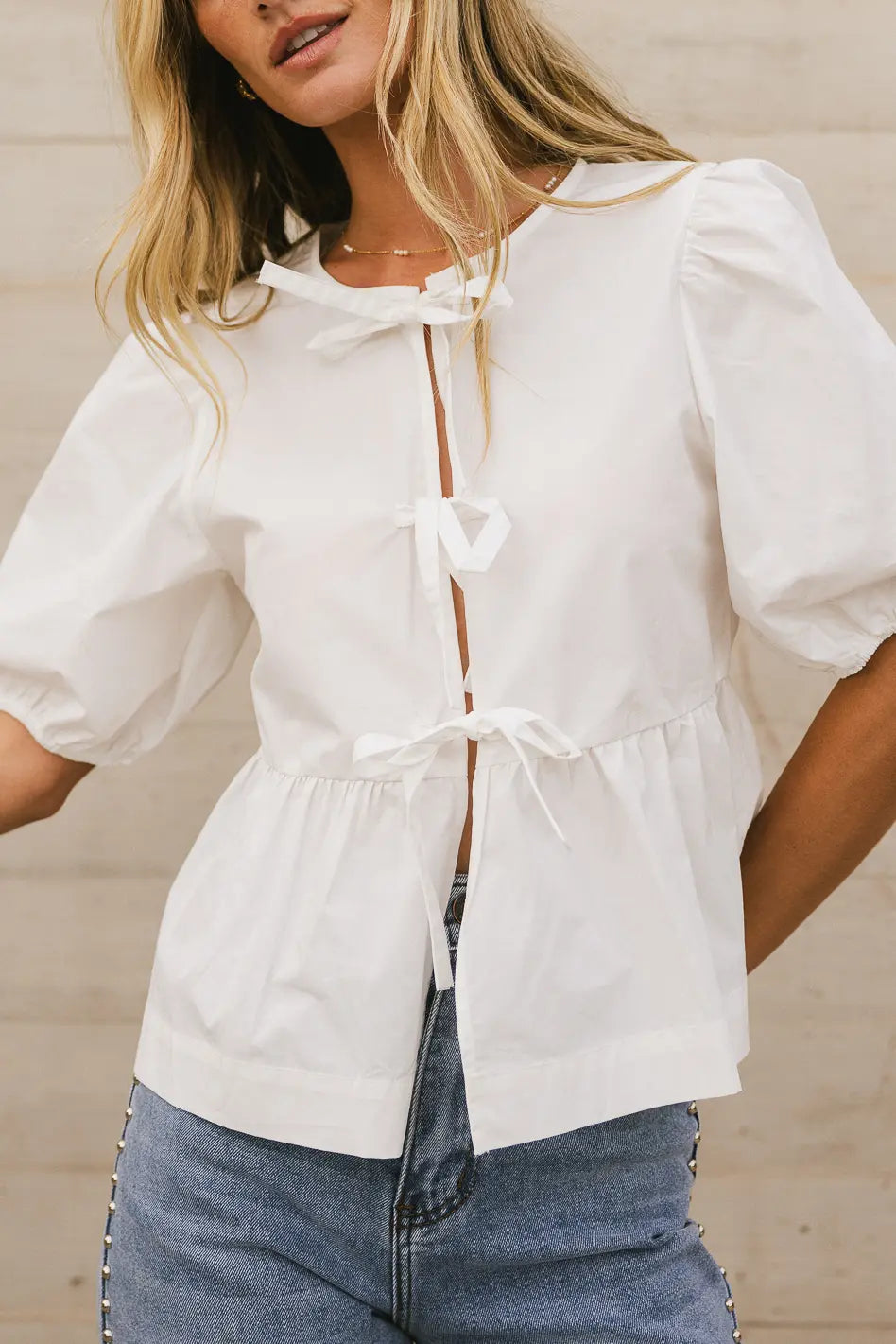 Natalia Peplum Tie Blouse in White | Elegant Women's Fashion Top for Work & Date Night | FINAL SALE