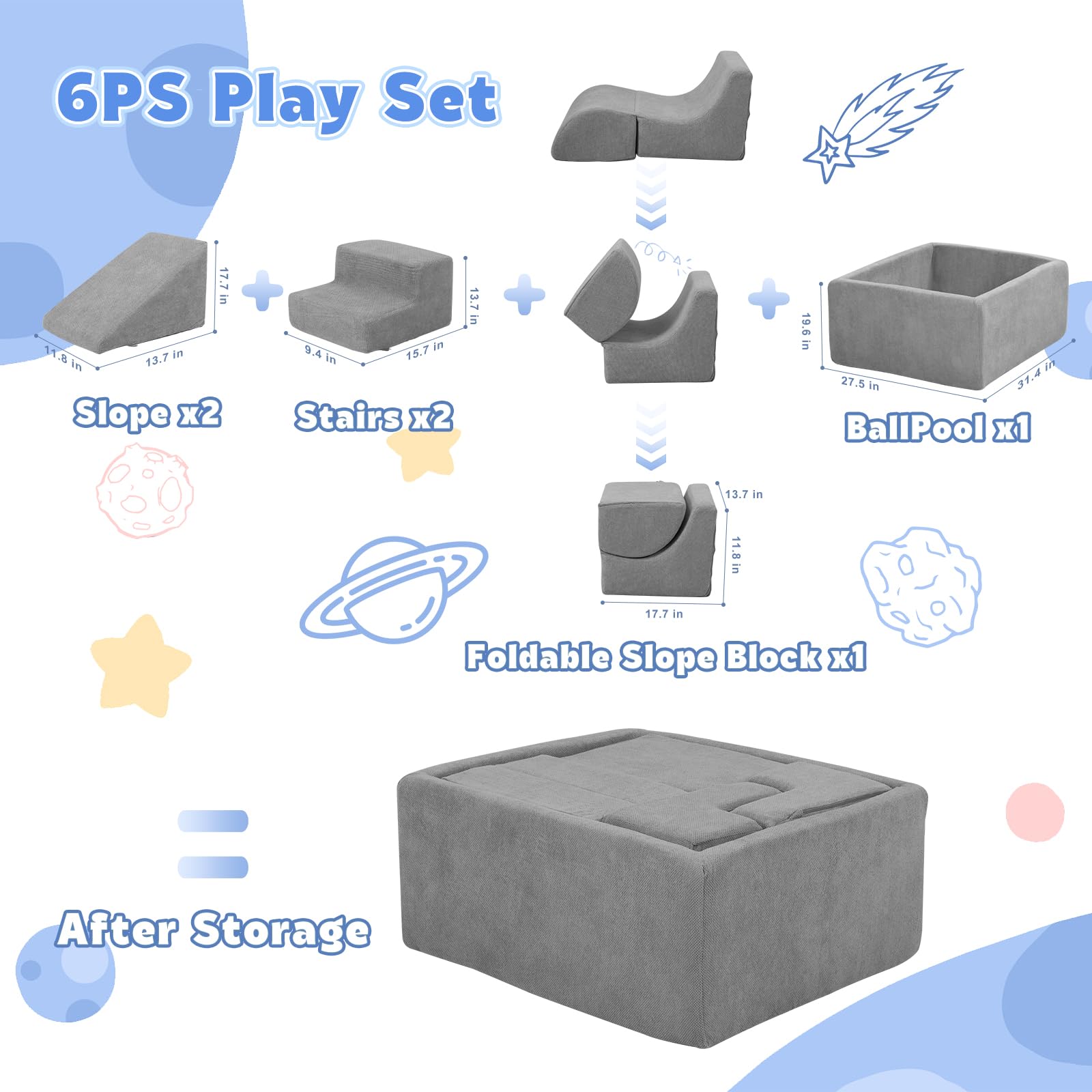 **STAOLENE 6PCS Soft Foam Climbing Blocks & Ball Pit for Toddlers - Indoor Play Set for Crawling, Sliding & Building - Safe & Durable Toddler Climbing Toys (Grey, Balls Not Included) - Perfect for Playrooms, Daycares & Home Play Areas**