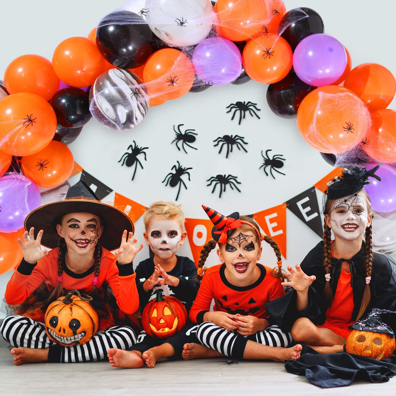 **Halloween Balloon Garland Kit - Black & Orange Balloon Arch with Spider Web & 24 Plastic Spiders for Party Decorations, Halloween Home Decor, and Spooky Party Supplies**