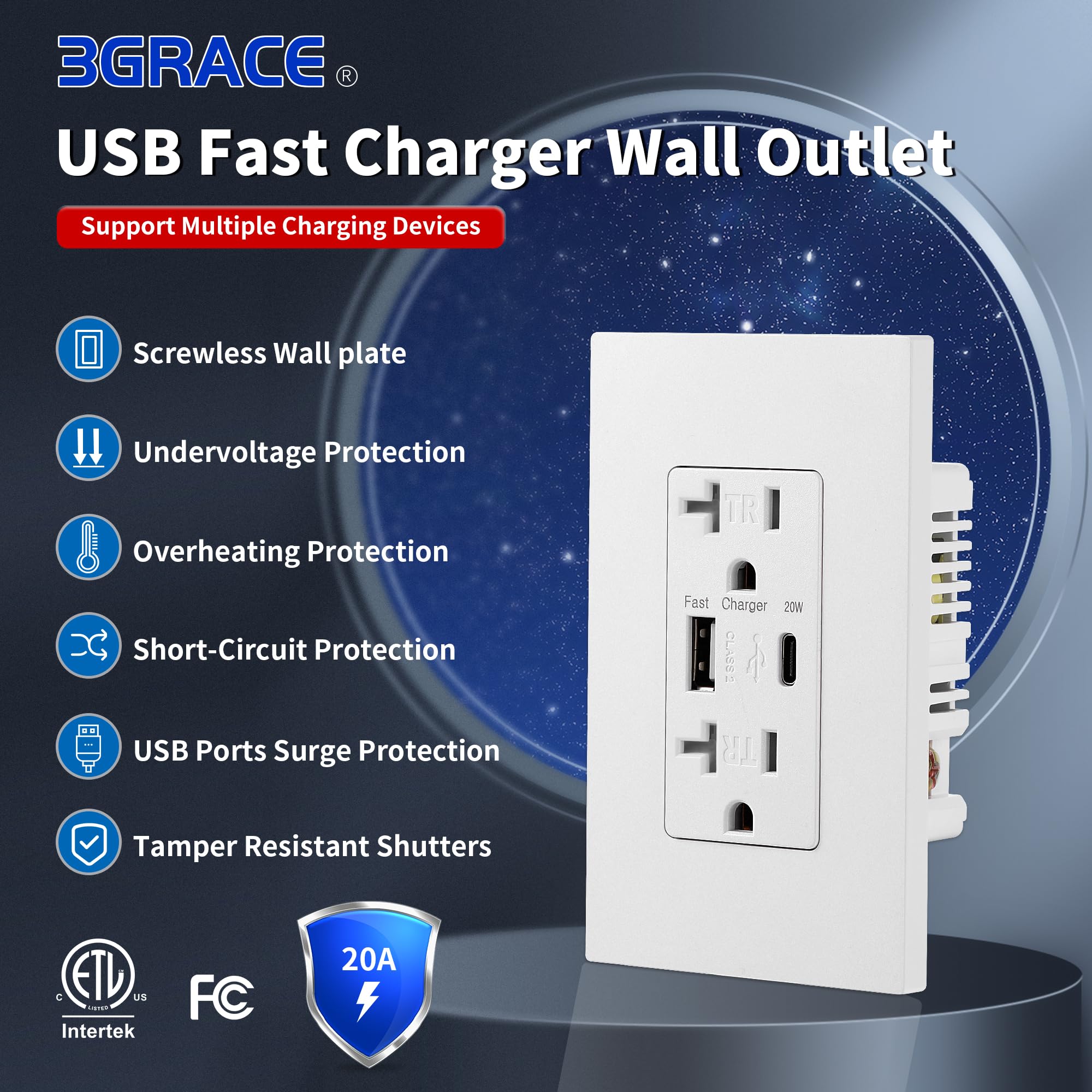 20 Pack White USB Wall Outlet with 4.2A USB C Ports - 20 Amp Tamper Resistant Duplex Receptacle, ETL Listed Electrical Outlet with Wall Plate Included - Perfect for Home, Office & Hotel Charging Stations