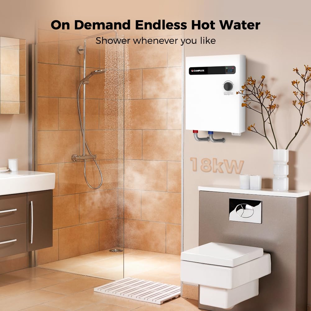 CAMPLUX 18kW Tankless Electric Water Heater - On Demand Hot Water System with Digital Display 240V for Whole House, Shower & Sink - Energy Efficient White Water Heater for Home, RV & Cabin Use