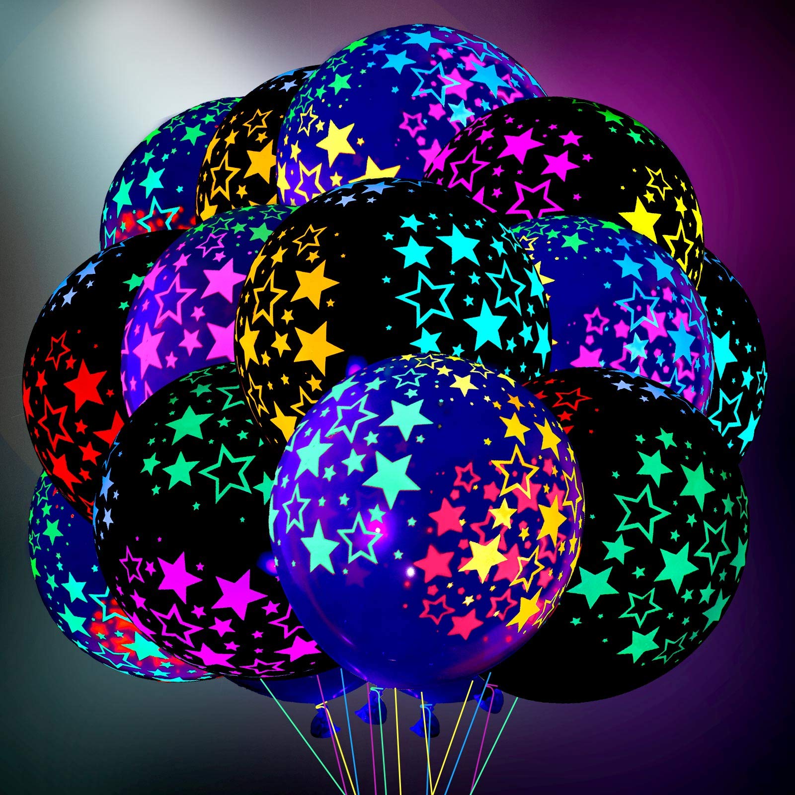 50 Pack Neon Glow Balloons & Stars - Fluorescent Blacklight Party Decorations for Birthday, Wedding, Arch Backdrop (Black & Clear) - Perfect for UV Parties, Raves, and Nighttime Celebrations
