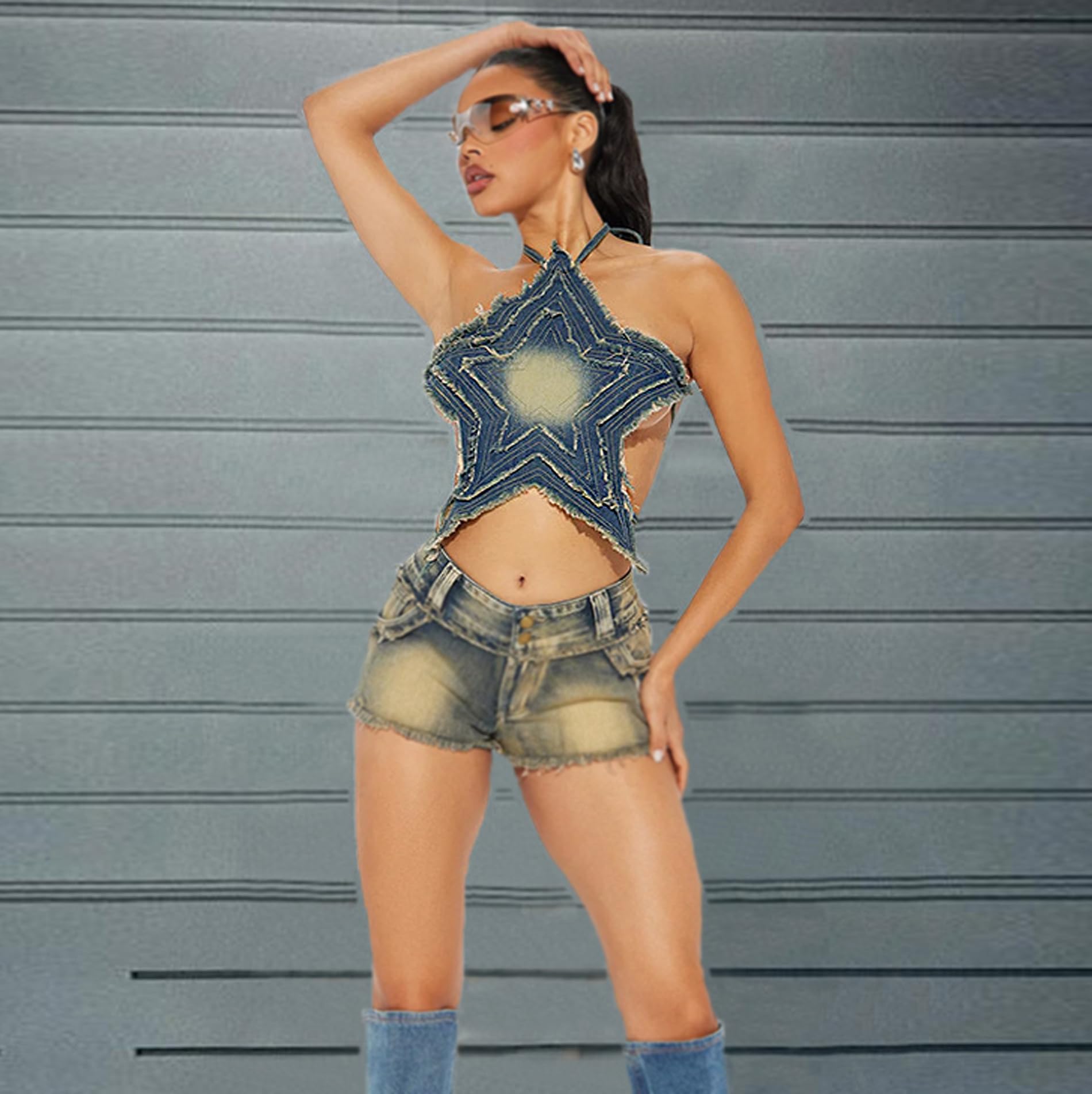 Y2K Women's Halter Backless Cami Crop Top - Raw Trim Washed Denim Star Tank with Self Tie for Rave & Festival Outfits | Trendy Streetwear & Summer Fashion