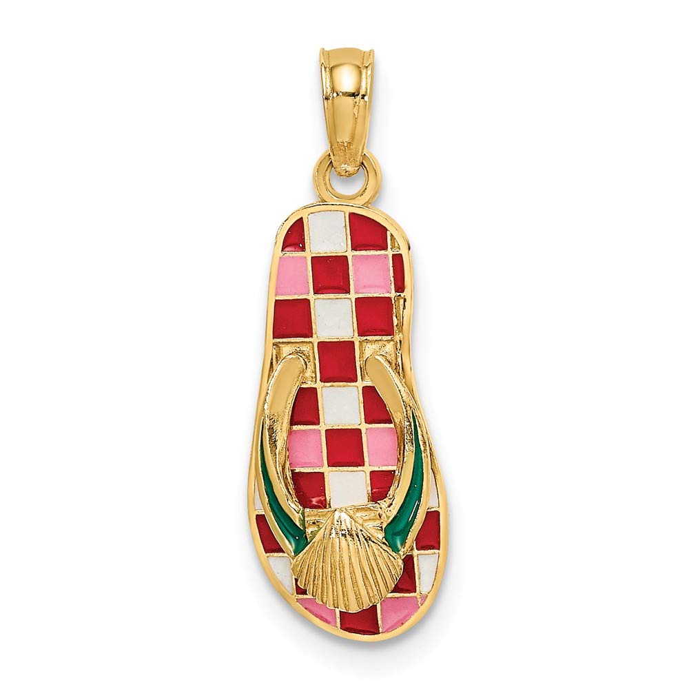 14K Yellow Gold Shell Red Checkered Flip-Flop Pendant - Beach Jewelry for Women, Summer Fashion Accessory, Gift for Her