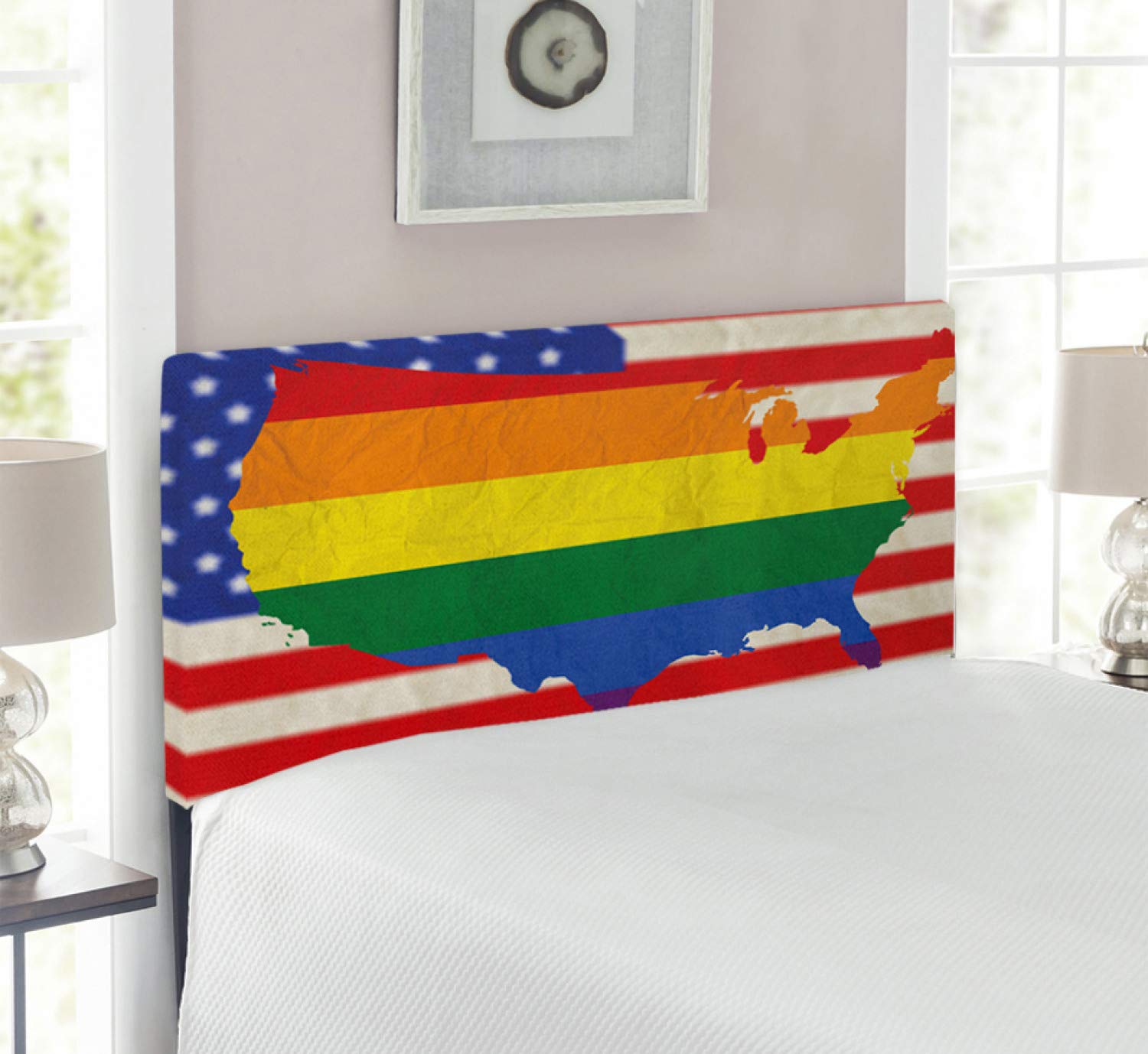 Ambesonne Pride Headboard - USA American Flag with Rainbow Gay Marriage Nationwide Rights & Equality Theme - Upholstered Decorative Metal Bed Frame with Memory Foam - Twin Size Multicolor - Perfect for LGBTQ+ Bedroom Decor & Pride Themed Rooms