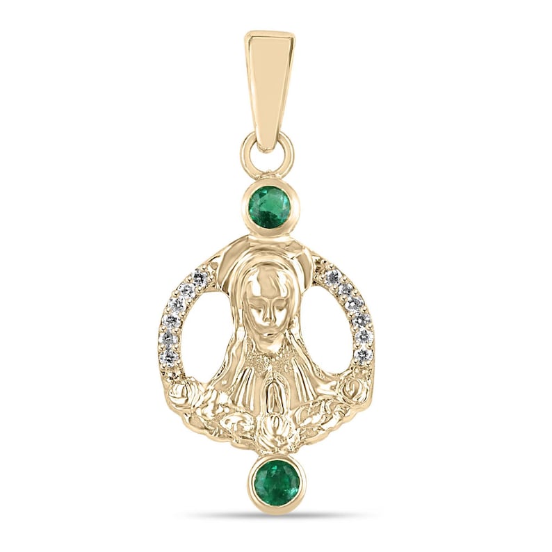 0.52tcw Vivid Medium Green Round Cut Natural Emerald & Diamond Virgin Mary Pendant in 18K White Gold - Perfect for Baptism Gifts, First Communion Jewelry & Catholic Religious Devotion