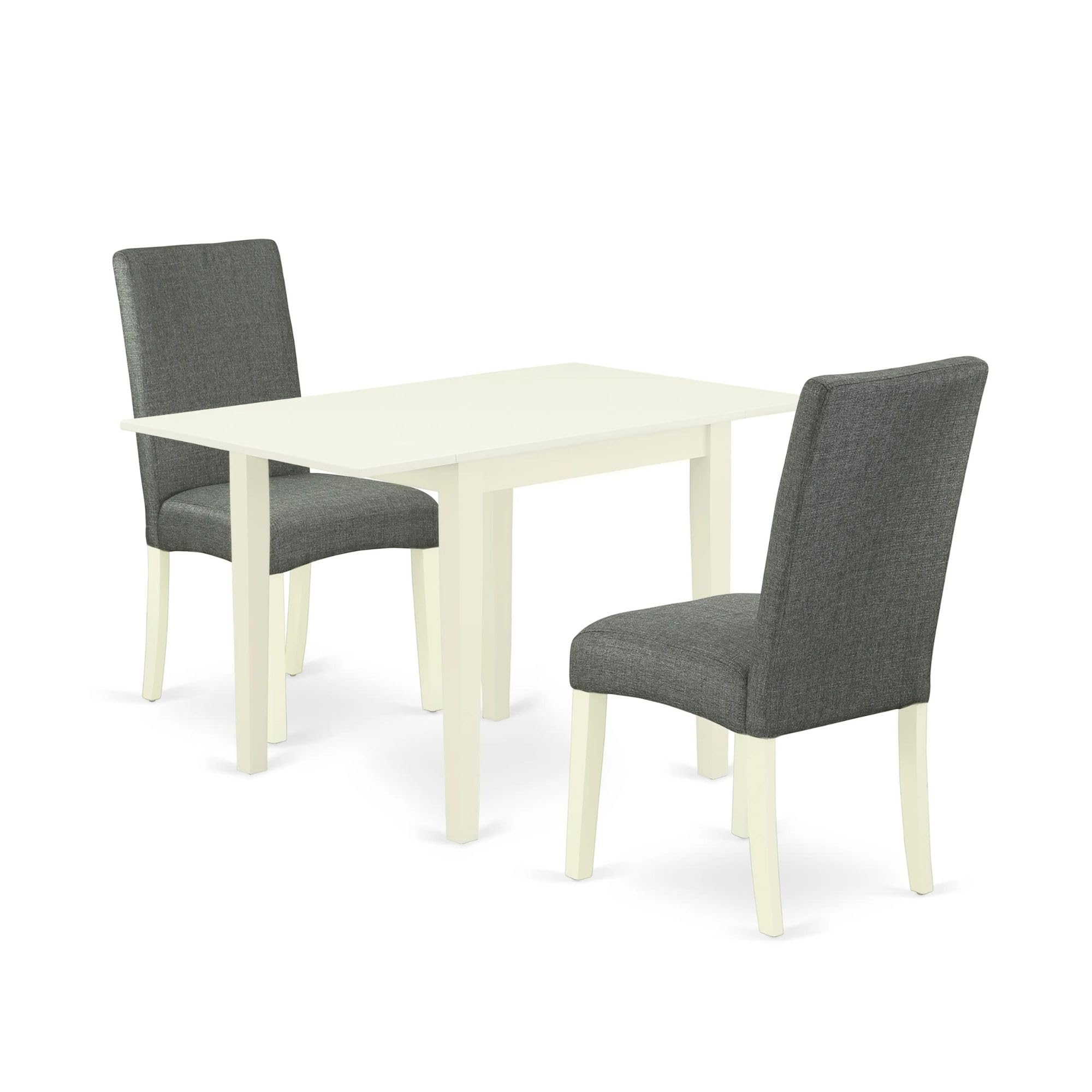 East West Furniture 3-Piece Dinette Set for Small Spaces - Rectangle Drop-Leaf Dining Table & 2 Gray Linen Fabric Parson Chairs, 30x48 Inch, Linen White | Compact Kitchen Dining Solution for Apartments, Breakfast Nooks & Cozy Homes