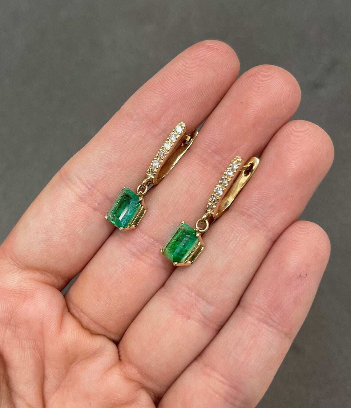4.84tcw Rich Dark Green Emerald & Diamond Latch Back Omega Earrings in 14K Gold - Elegant Jewelry for Weddings, Parties & Special Occasions