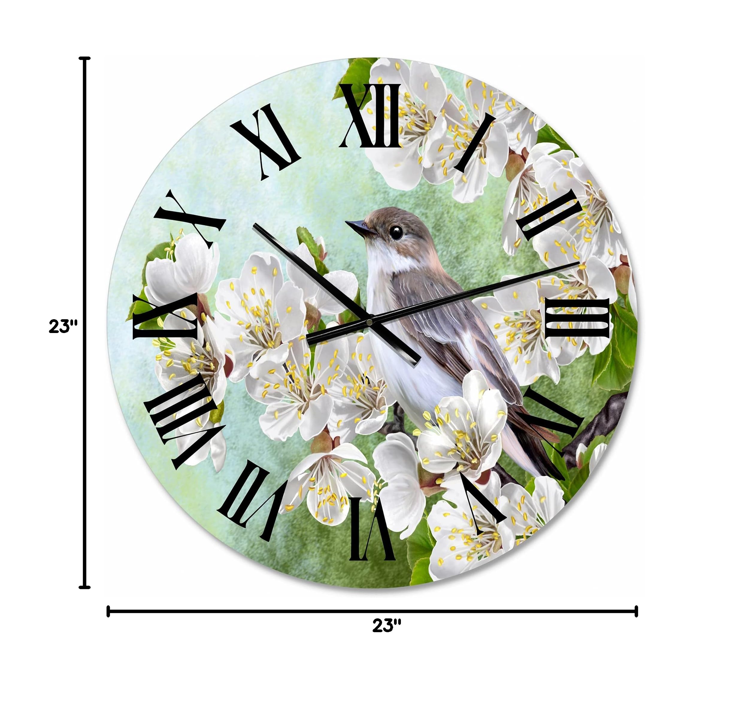 DesignQ Large Traditional Wall Clock - Gray Bird on Blossoming Tree Branch, Silent Non-Ticking, Perfect for Bedroom, Living Room & Office Decor (12/15/18 Inch)