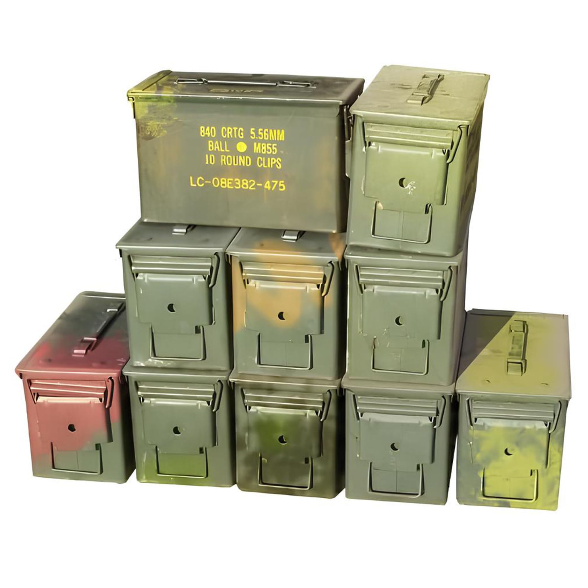 U.S. Military M2A1 50 Cal Ammo Can (10 Pack) - Waterproof Military Storage Containers for 5.56 Ammo & Tools - Grade 2 Surplus Army Ammo Box - Perfect for Gun Range, Hunting Gear Storage & Outdoor Equipment Organization