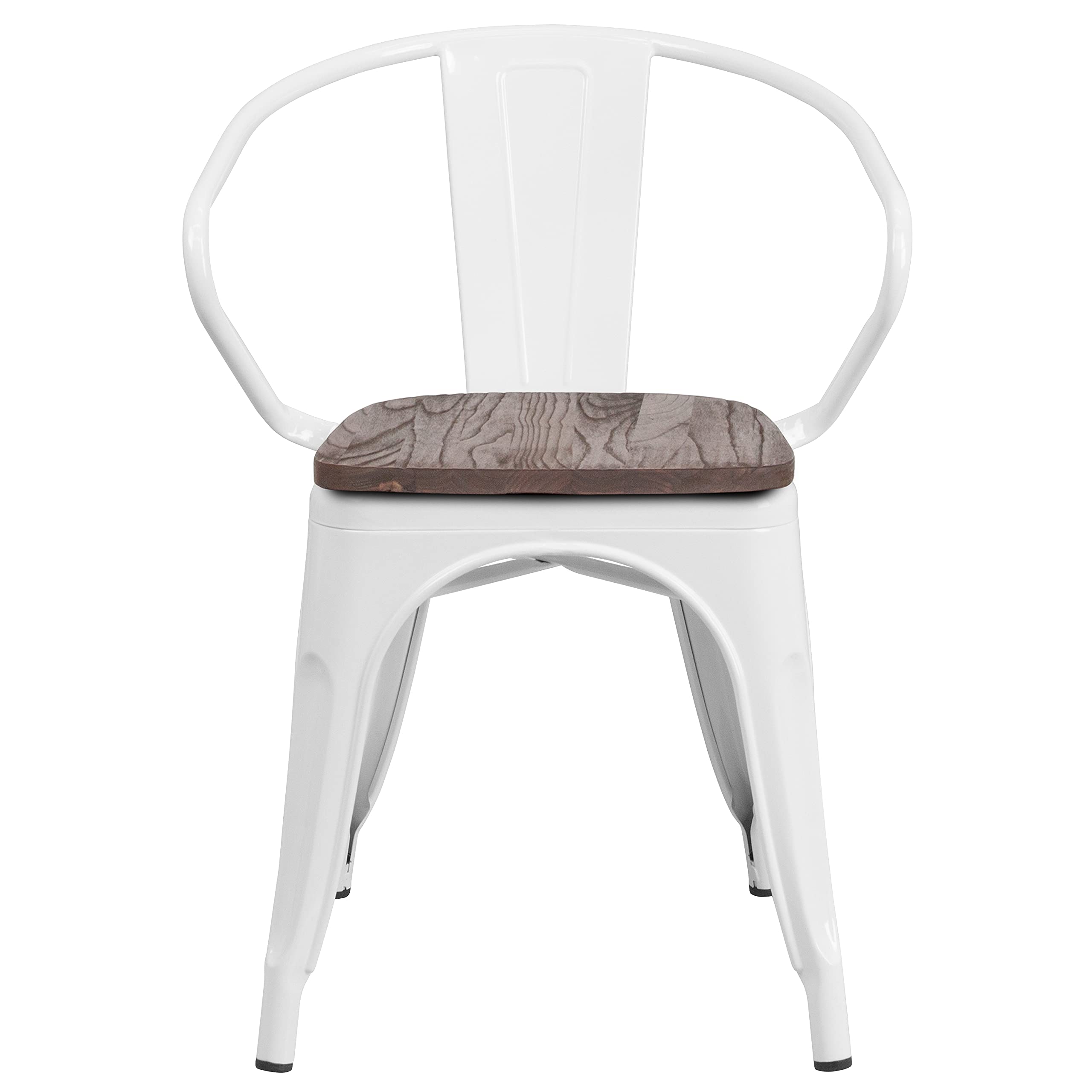 4 Pack White Metal Chairs with Wooden Seats & Arms - Durable Restaurant Furniture for Indoor & Outdoor Dining, Cafes, and Events