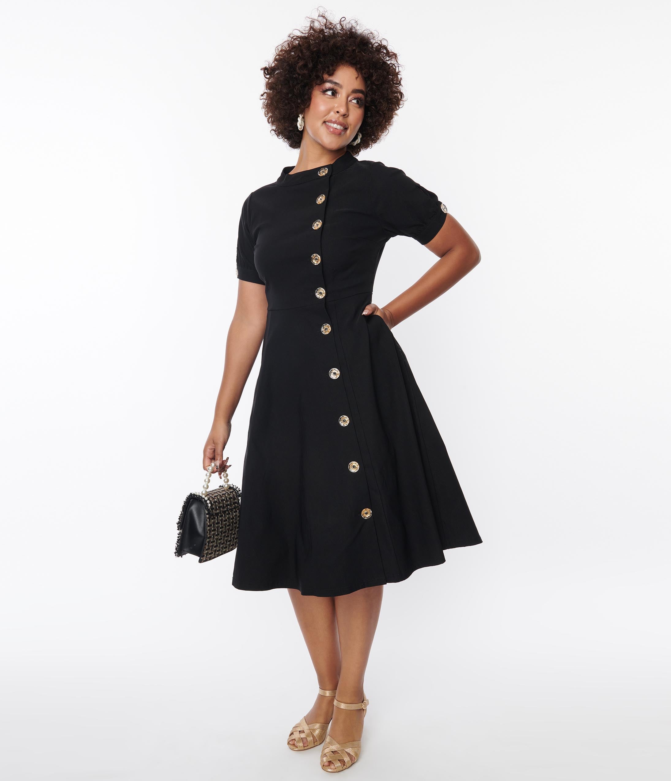 Vintage Black Button Swing Dress - Retro 1950s Style Flared Skirt Dress for Women | Perfect for Parties, Weddings & Special Occasions