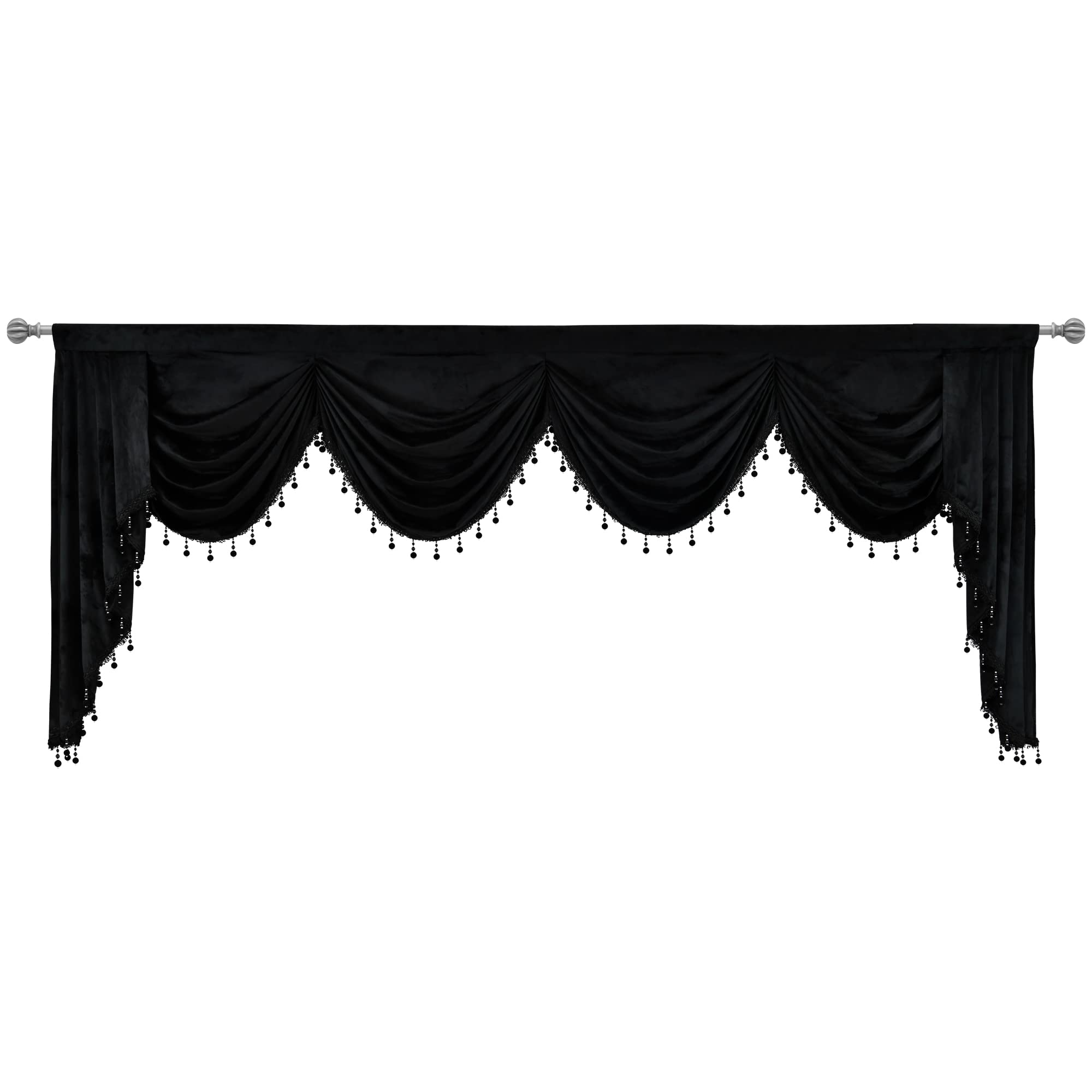 Black Rod Pocket Velvet Window Curtain Valance - 1 Panel Waterfall Valance for Living Room & Bedroom (110