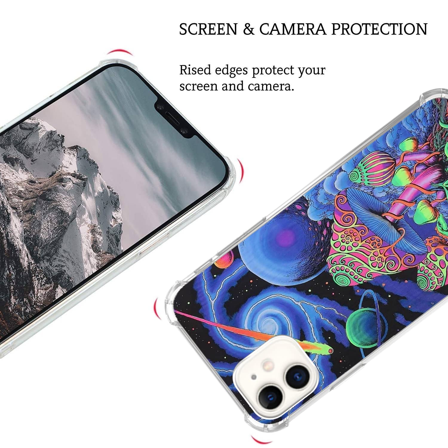 Trippy Mushroom Space Planet iPhone 12 Pro Max Case - Psychedelic Aesthetic TPU Bumper Cover for Women & Men - Trendy Protective Phone Case for Music Festivals, Rave Parties & Unique Style Lovers