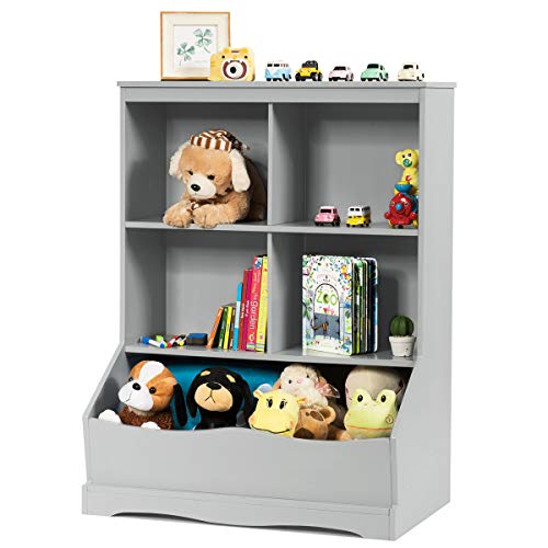 Giantex Wooden 3-Shelf 4-Cube Toy Organizer Storage Cabinet with Bins - Kids Room Organization for Toys, Books & Collections (Gray) - Perfect for Playrooms, Bedrooms & Daycare Centers