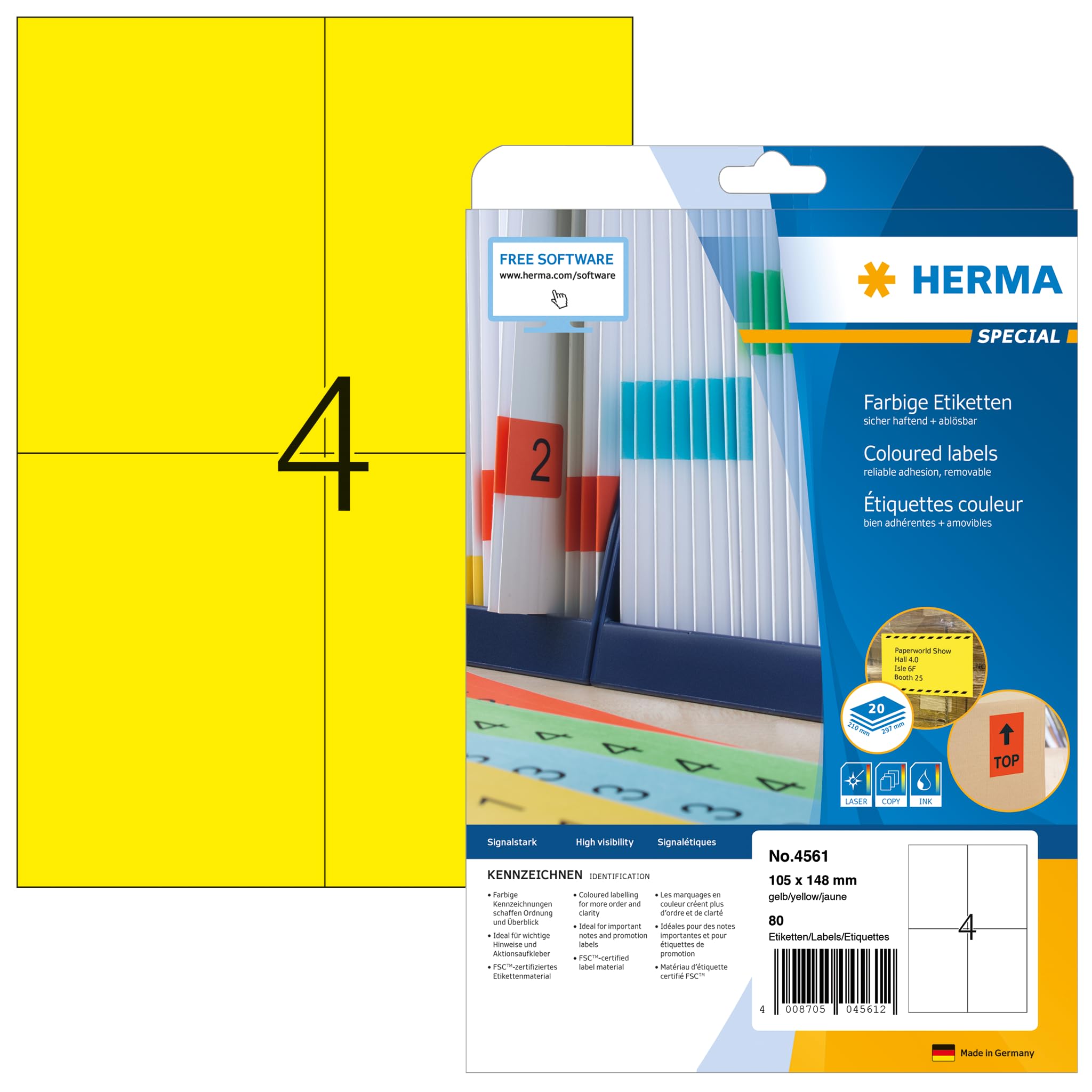 HERMA 4561 Self Adhesive Colored Labels - 80 Blank Removable Stickers (4 per A4 Sheet, 20 Sheets) 105x148mm - Compatible with Laser & Inkjet Printers - Yellow Sticky Labels for Office, Shipping & Organizing