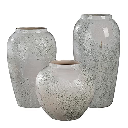 Vintage Ceramic Vase Set of 3 - Handcrafted Flower Vases for Home Decor, Office Desk, Living Room & Wedding Centerpieces - Boho Style Decorative Vases for Floral Arrangements & Interior Design