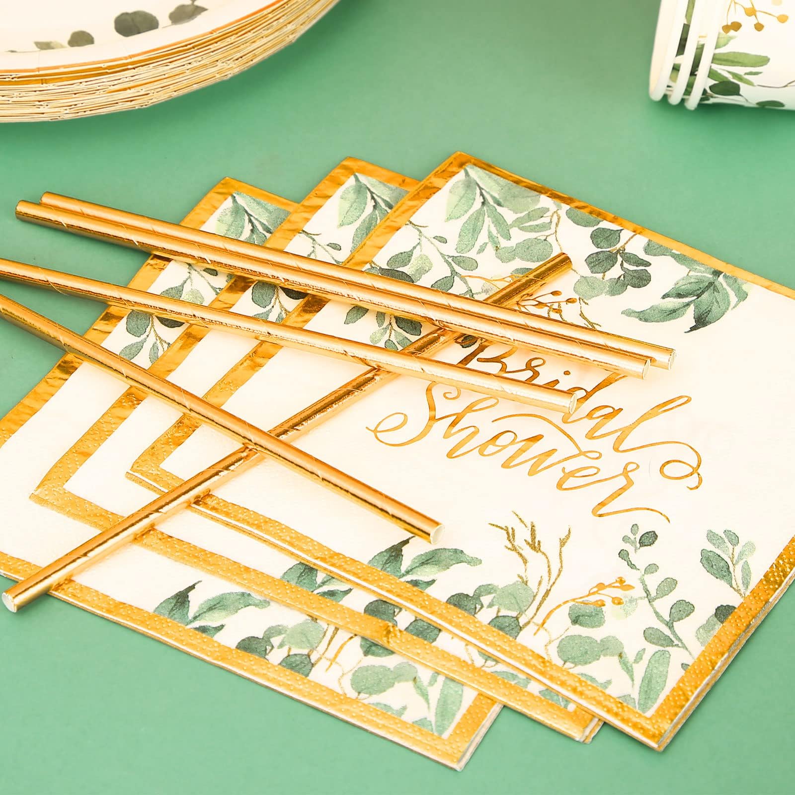 Eco-Friendly 168-Piece Bridal Shower Paper Plates & Napkins Set - Green Wedding Party Decorations for Engagement, Bachelorette & Bridal Showers - Serves 24 Guests - Perfect for Wedding Rehearsal Dinners & Bridal Tea Parties