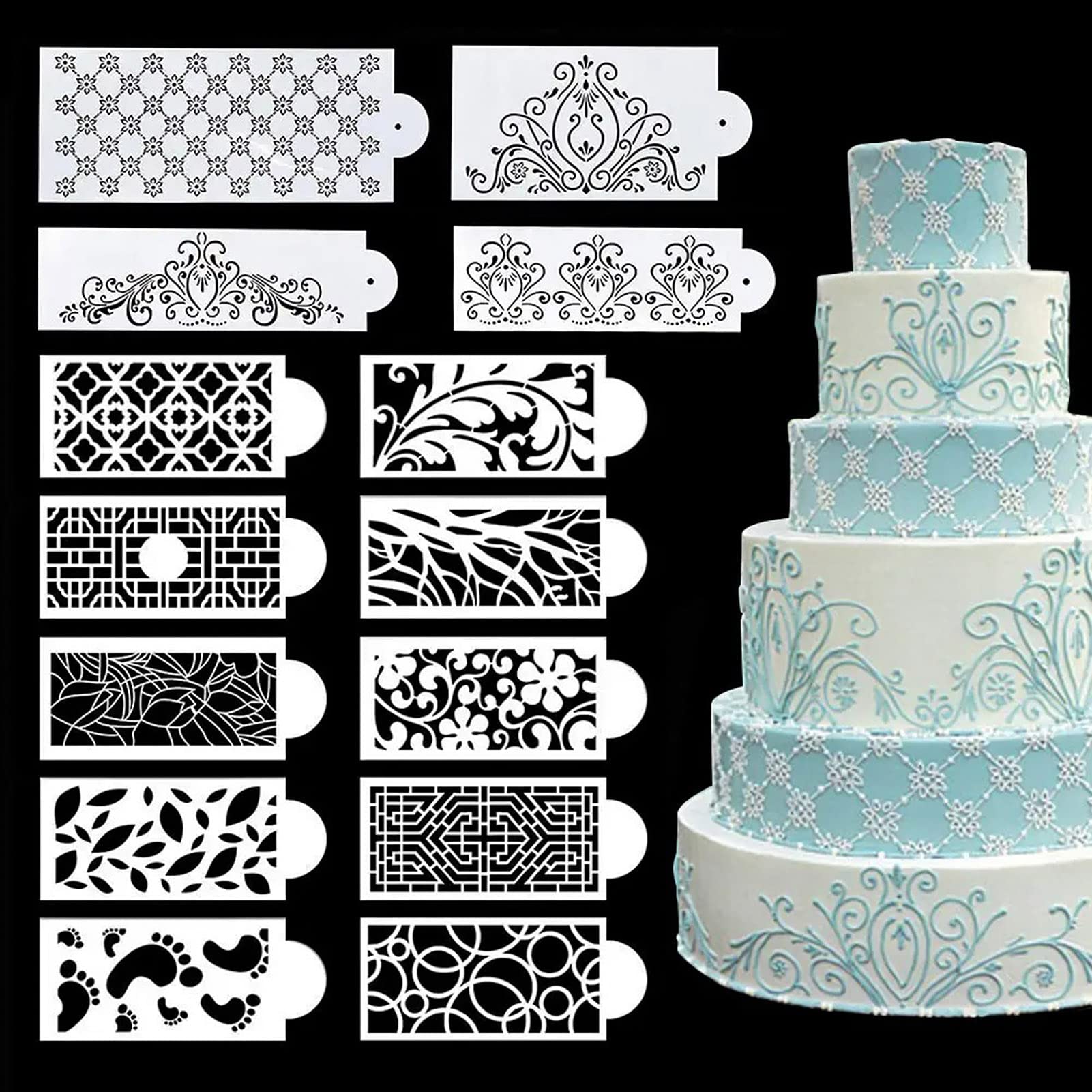 BINBE 14 Pcs Floral Wedding Cake Stencils - DIY Baking Decor Molds for Cake Decoration, Hollow Lace Cake Templates for Spray Painting - Perfect for Wedding Cakes, Birthday Cakes, and Special Occasion Desserts