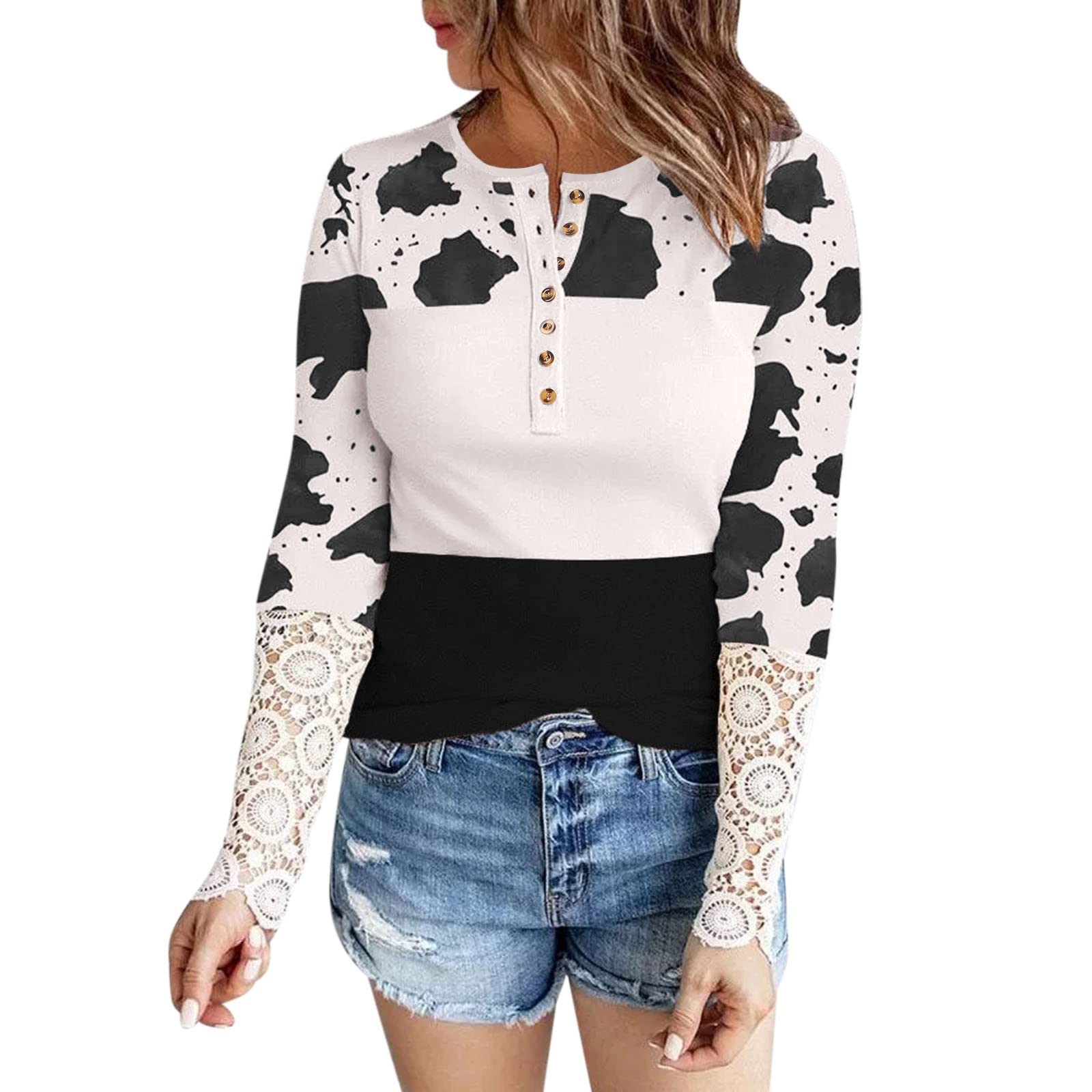 Women's Color Block Waffle Knit Long Sleeve Shirt - Casual Crochet Lace Blouse & Pullover Sweatshirt for Work | Fashionable Fall & Winter Tops for Office, Dating & Daily Wear
