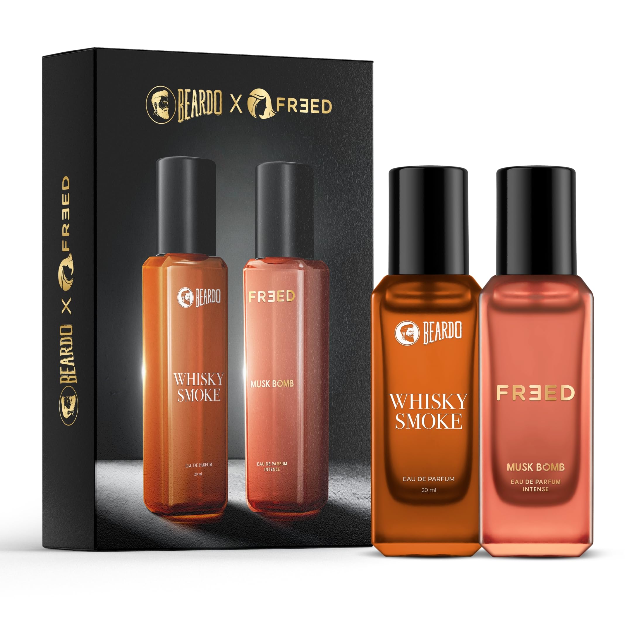 Beardo Whisky Smoke Cologne for Men & Freed Musk Bomb Perfume for Women - 20ml x 2 Set | Long-Lasting Woody Fragrance with Musk Notes | Perfect for Date Nights, Romantic Occasions & Valentine's Day | Great Gift for Boyfriend, Husband or Special Someone | Use for Evening Events, Dinner Dates & Special Moments