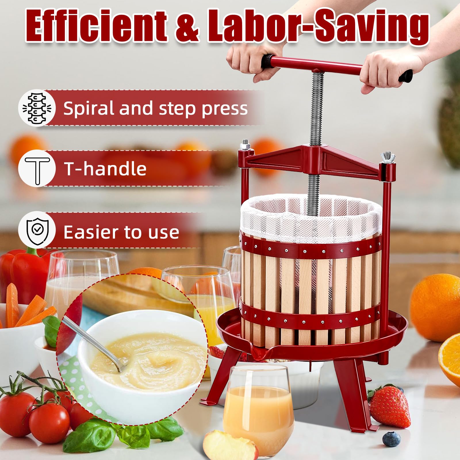 Towallmark 3.17 Gallon Manual Fruit Wine Press - Heavy Duty Wooden Cider & Grape Crusher with Stable Triangular Base & T-Handle - Perfect for Home Brewing, Apple Pressing, Winemaking - Great for Kitchen, Outdoor, and DIY Wine Making Projects